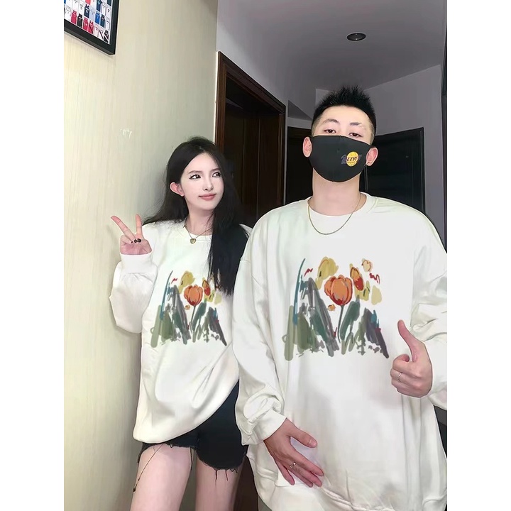 Áo sweater/ Áo thun Ihkke ngắn/ dài tay cổ tròn không có mũ trùm đầu dáng rộng in hình thời trang mùa thu mới