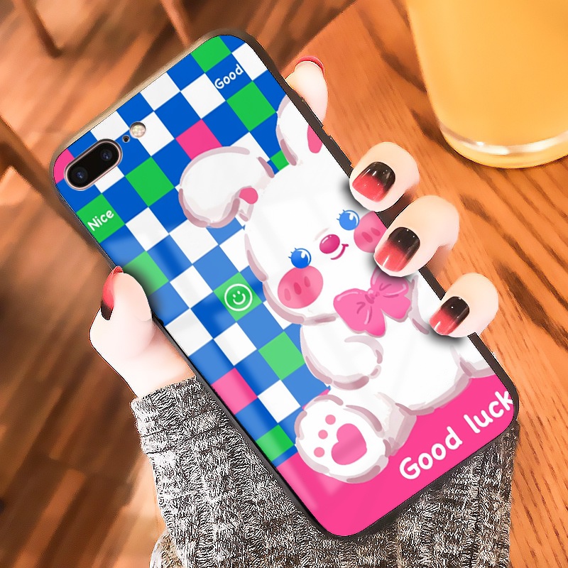 Ốp IPHONE lưng kính Gấu Thỏ Good Luck ốp lưng iphone 6s 6plus 7 plus 8 x xr xsmax 11 12 13 pro promax
