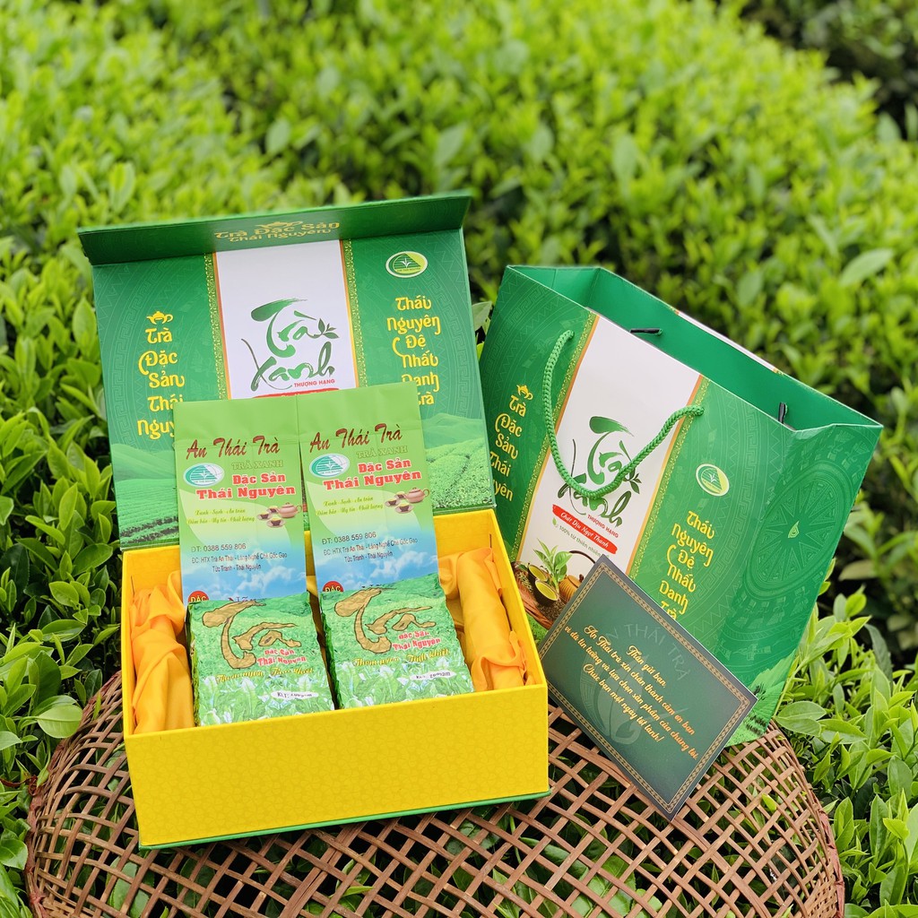 Hộp trà nõn tôm biếu tặng cao cấp tặng kèm túi xách sang trọng - Đặc sản Thái Nguyên thơm ngon hút chân không hộp 400g | BigBuy360 - bigbuy360.vn