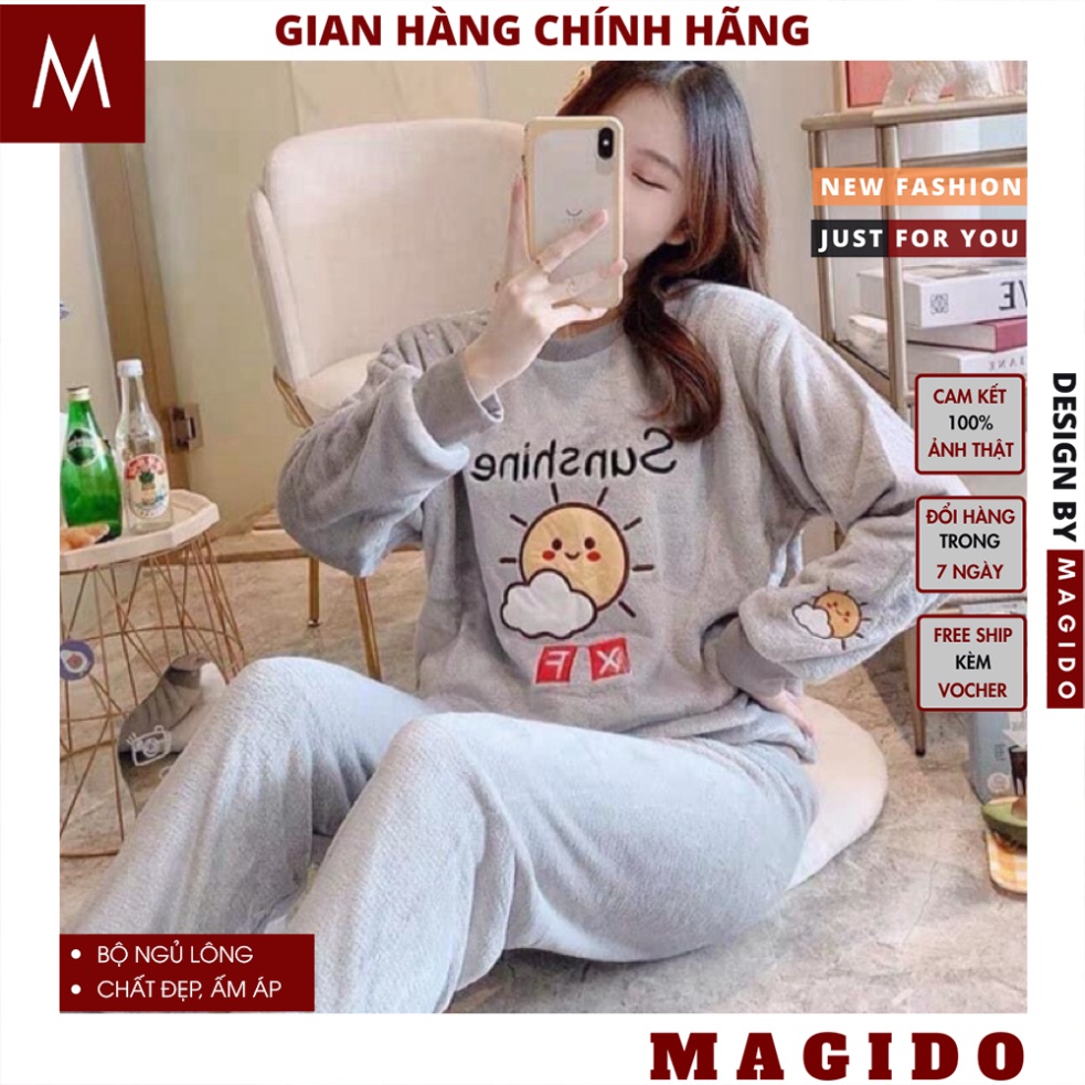 Set bộ ngủ lông gấu thêu chữ sunshine, đồ ngủ nỉ bông nữ mặc nhà thu đông dài tay siêu ấm họa tiết đáng yêu, MAGIDO | BigBuy360 - bigbuy360.vn