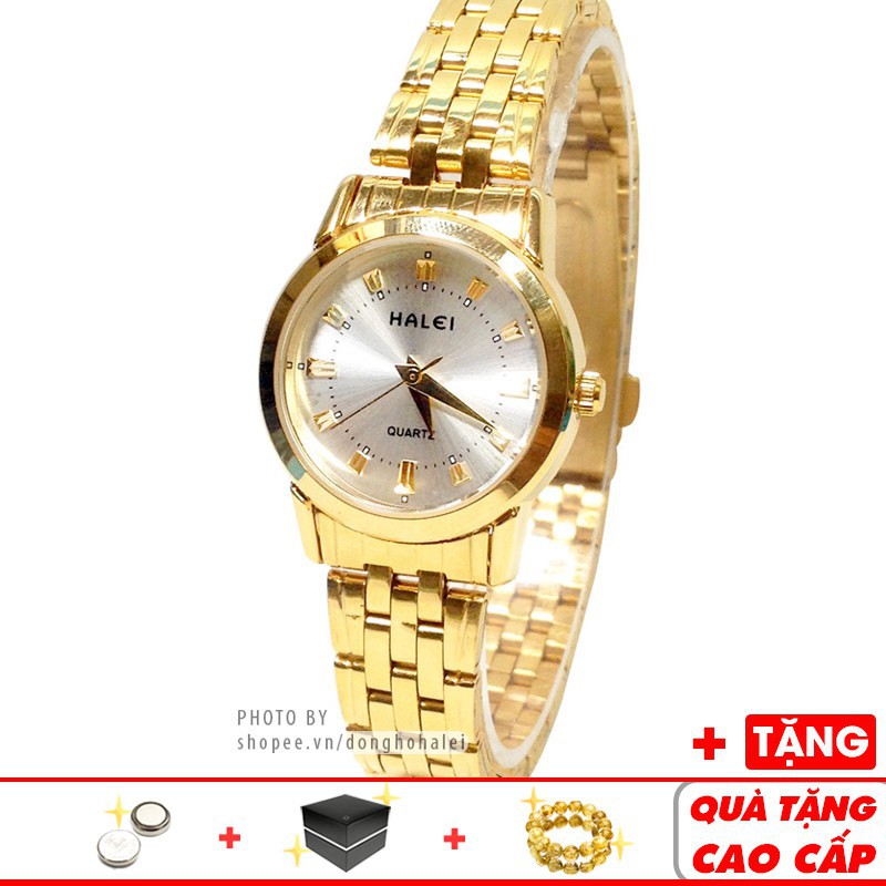 Đồng hồ nữ dây thép không gỉ thời trang chống nước dây vàng mặt đính đá Halei H008 - Boss Watch