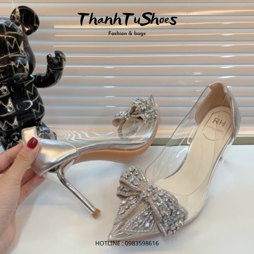 Giày Cao Gót Nữ Mica Trong Nơ Đá 7Cm Gót Da Bạc Hàng QCCC