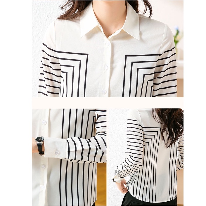 Áo Sơ Mi Tay Dài Dáng Rộng Vải Lụa Crepe Họa Tiết Kẻ Sọc Thời Trang Chuyên Nghiệp Cho Nữ