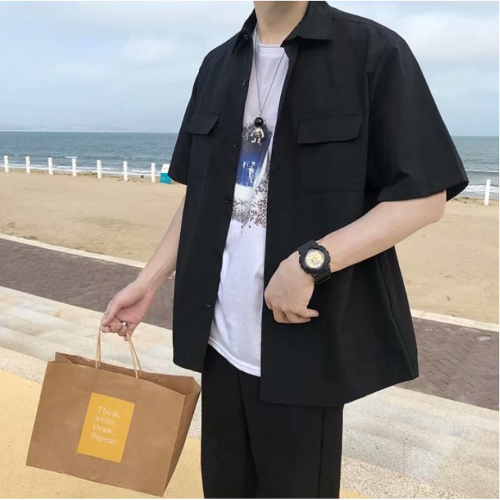 Áo sơ mi đen ngắn tay unisex nam nữ siêu hot- A3 | BigBuy360 - bigbuy360.vn