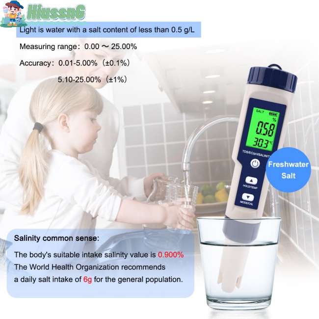 Thiết Bị Kiểm Tra Chất Lượng Nước 5 Trong 1 Tds / ec / ph / salinity / Đo Nhiệt Độ Bể bơi