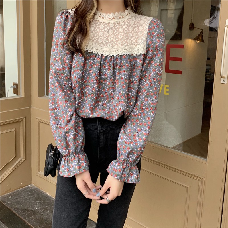 Áo sơ mi hoa cổ ren dài tay phong cách cổ điển vintage ulzzang