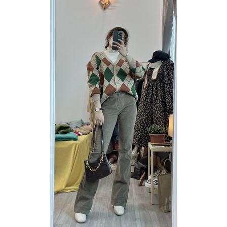 Kumi.vn SẴN áo khoác len cardigan len dày họa tiết trám phối màu nâu be