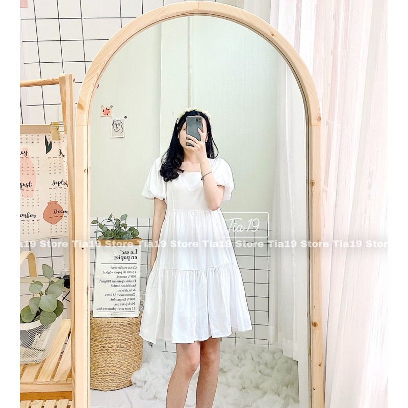 Váy babydoll cổ vuông 3 màu. Đầm tay bồng dáng xoè ulzzang ( Ảnh thật Tia19 chụp)