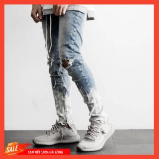 Quần jean nam rách gối Streetwear DATINO skinny khóa Zipper màu xanh chất Denim co giãn, bền màu giặt tay giặt máy.