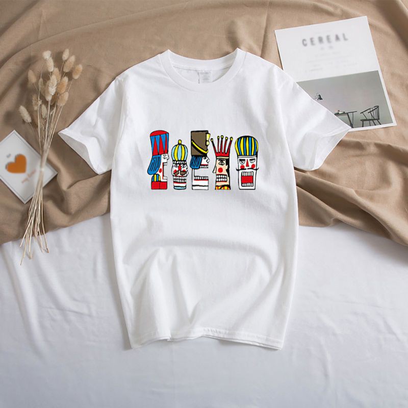 Áo thun unisex tay ngắn cổ tròn in hoạ tiết hoạt hình phong cách Hàn Quốc