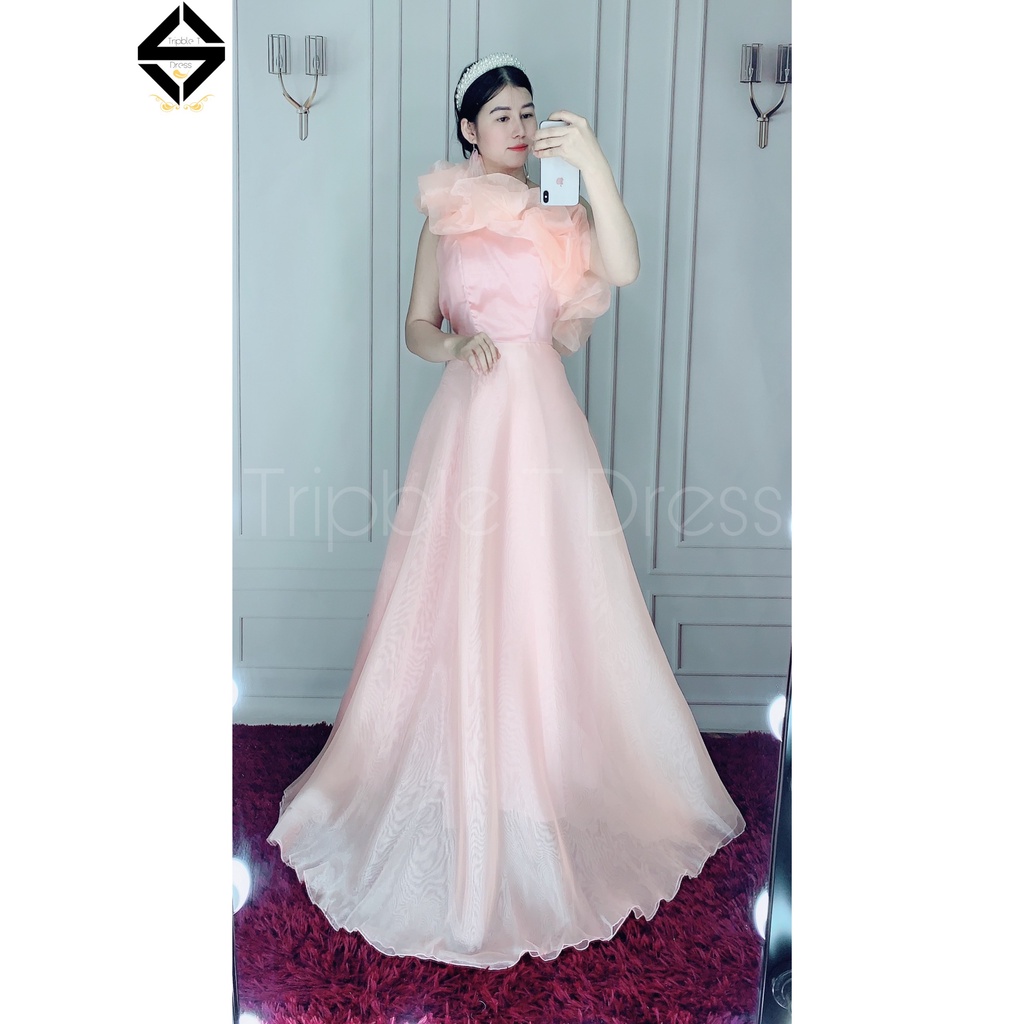 Đầm maxi voan kính nhún bèo lệch vai TRIPBLE T DRESS - MS334V