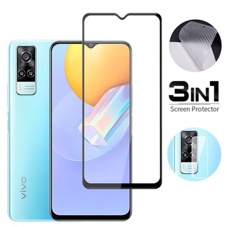 3 Trong 1 Kính Cường Lực+Bảo Vệ Camera+Dán Lưng Điện Thoại Cacbon Chống Vân Tay Cho Vivo Y11 Y15 Y17 Y19 Y71 Y81 Y81I