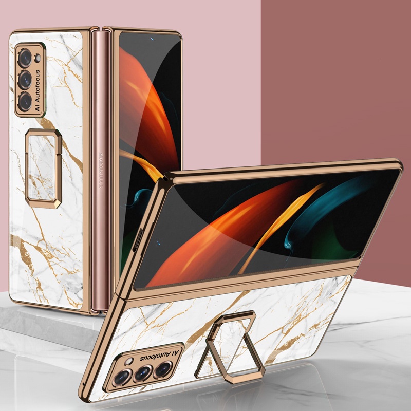 Fold 4 Ốp Điện Thoại Mặt Kính Cứng Gấp 4 Khúc Có Vòng Đỡ Cho Samsung Galaxy Z Fold 4 3 2 5G Fold4