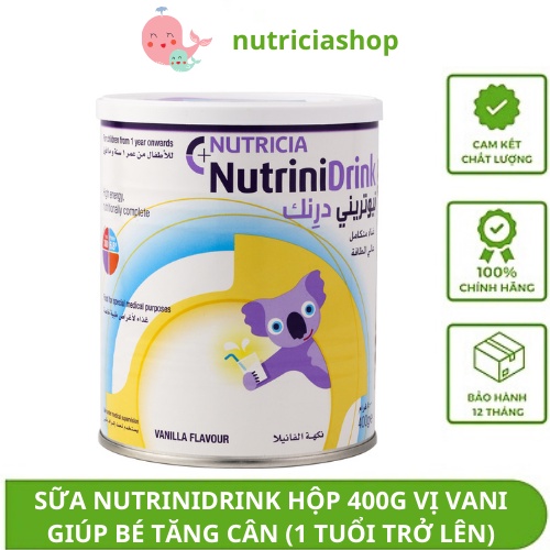 Sữa bột Nutrinidrink Hộp 400gram vị vani, trung tính - Sữa cao năng lượng cho trẻ biếng ăn và suy dinh dưỡng