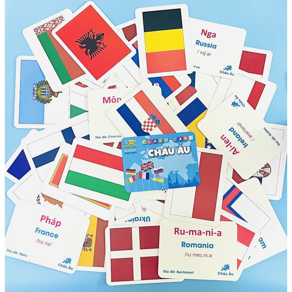 Bộ Thẻ học thông minh - Flash Card QUỐC KỲ CÁC QUỐC GIA TRÊN THẾ GIỚI - 5 Châu lục - 175 Thẻ song ngữ Anh-Việt