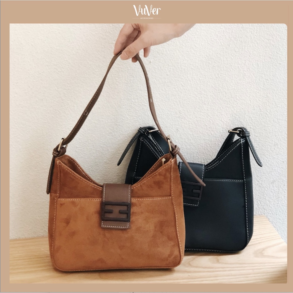 [Freeship] Túi xách đeo vai chất liệu nhung cao cấp, màu nâu và đen trendy, VuVer Accessories - ViVian bag