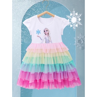 Frozen Girls Princess Dress Elsa Kids Short Sleeve Mesh Rainbow Cake Dress