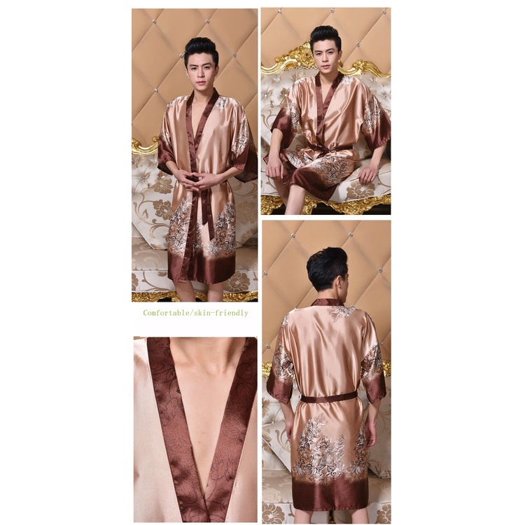Áo Choàng Ngủ Kimono Tay Dài Bằng Lụa Mát Mỏng Thời Trang Xuân Thu Quyến Rũ Cho Nam