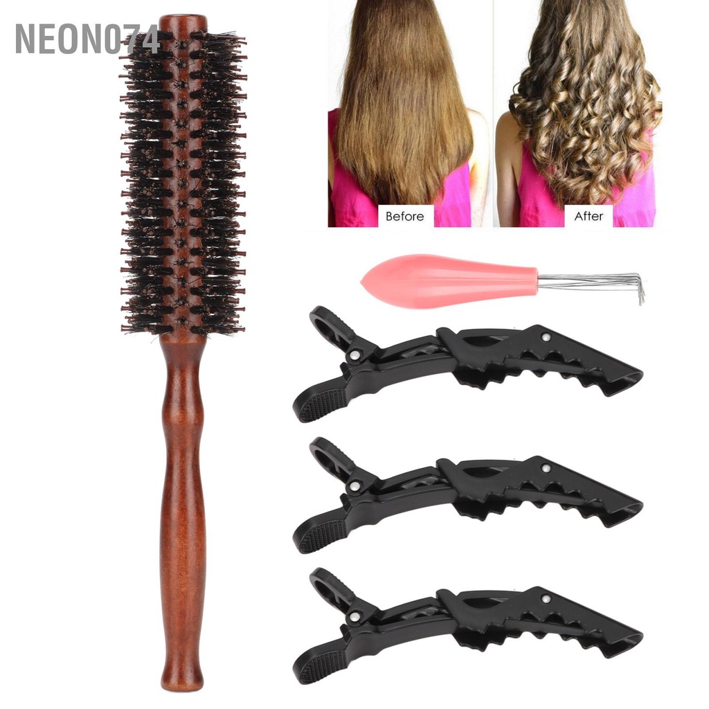 Neon074 Bàn chải tròn Wodden lông Bộ bàn tóc Thổi khô vịt kẹp mỏ