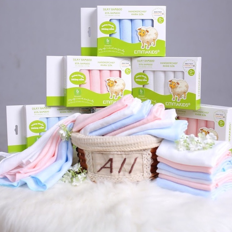 Set 6 Khăn mặt EmmaKids 2 lớp sợi tre cho bé KT 30x30cm
