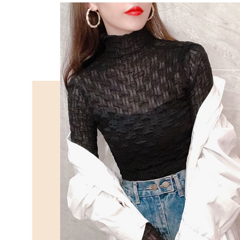 Áo lưới cổ cao mềm mại phối ren màu trắng kẻ sọc phong cách phương tây cho nữ👗6 LAMUSELAND👗】Hl21.7,30