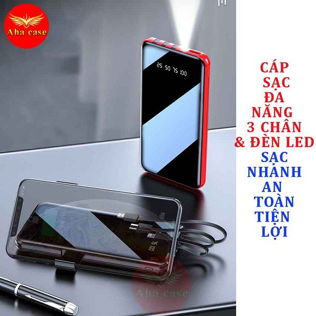 [MẪU MỚI NHẤT] Sạc dự phòng Power Bank 10,000 mAh kèm cáp sạc đa năng chân Iphone, Micro Usb, Type-C có đèn led hiển thị