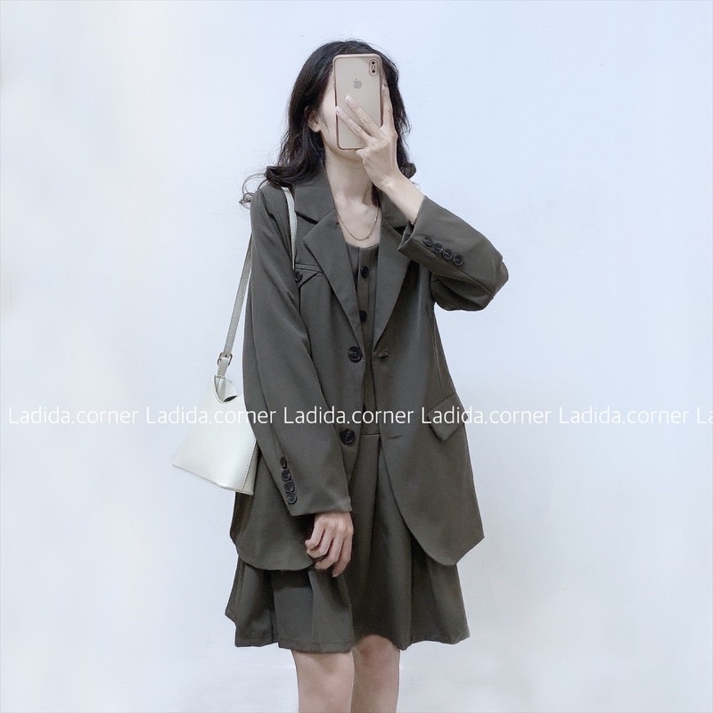 Set Áo váy Áo vest kèm váy 2 dây xếp ly phong cách ulzzang Hàn quốc | BigBuy360 - bigbuy360.vn