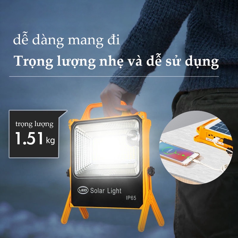 Đèn tích điện năng lượng mặt trời 200Wsiêu sáng có điều khiển + cáp sạc 5 chế độ đèn led Sáng Liên Tục 36H Dùng Cắm Trại