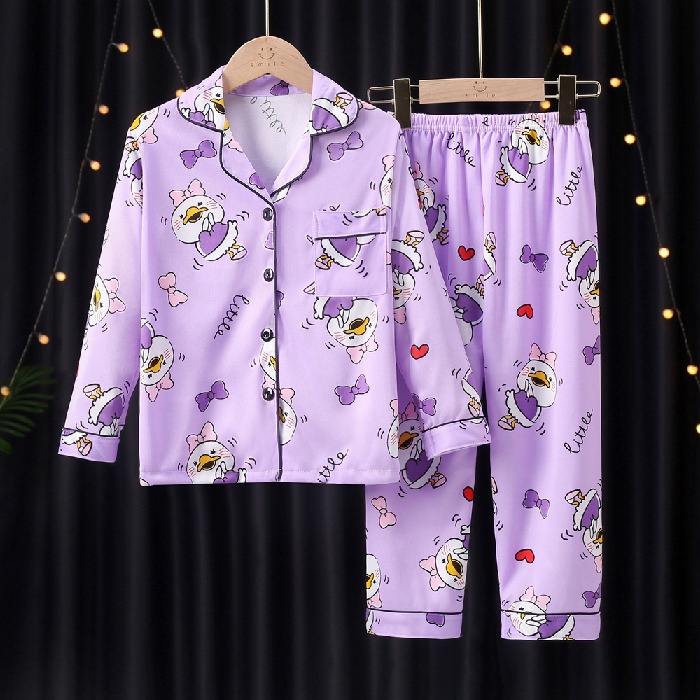 Bộ Đồ Ngủ Cotton Tay Dài In Họa Tiết Hoạt Hình Xinh Xắn Cho Bé