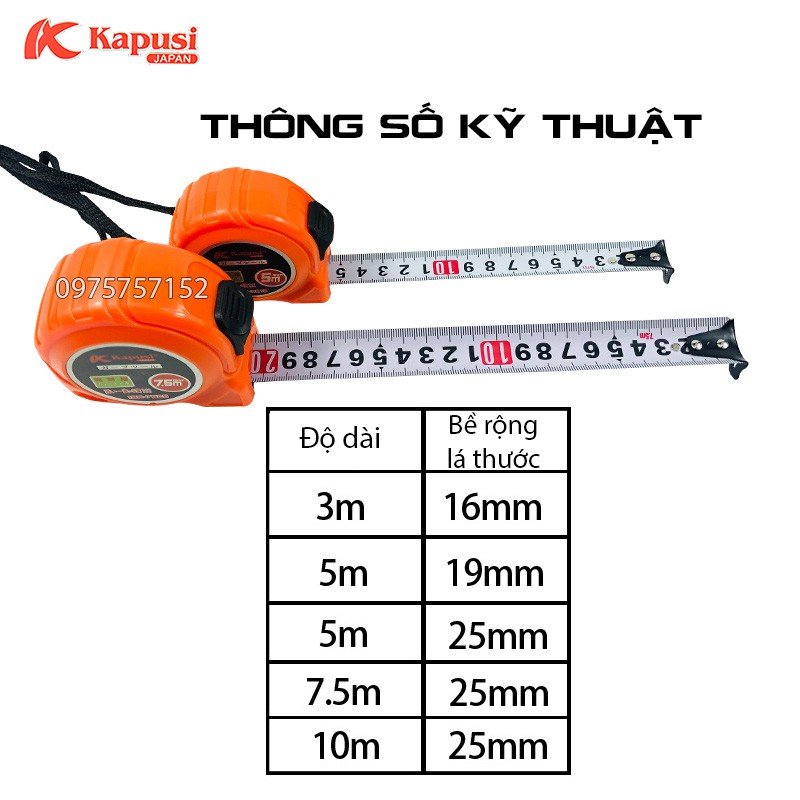 Thước rút, thước cuộn thép đa năng Kapusi Nhật Bản, vỏ nhựa ABS chống sốc, số in sắc nét, 2 chế độ dừng thao tác nhanh