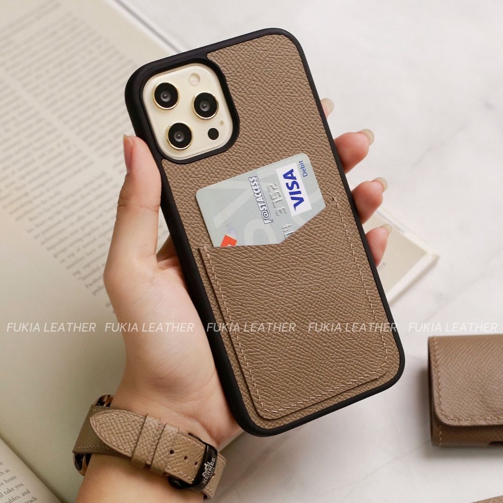 Ốp da thủ công Epsom khe thẻ viền đen màu 12-16 cho iPhone 14/14Pro/14Promax/13/13Pro/13Promax/12promax ODTC110
