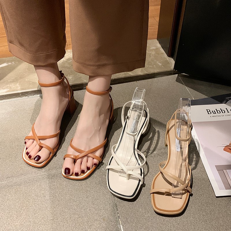 Giày sandal cao gót hở ngón có quai chéo cho nữ