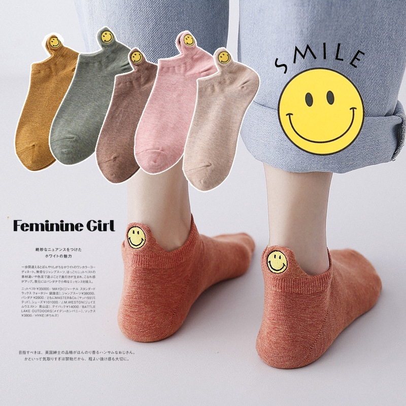 Embroidery Funny Smile Ankle Socks for Women Fashion Cotton Cartoon Happy Expression Colorful Women Low Top Socks Funny Cute Girls Socks