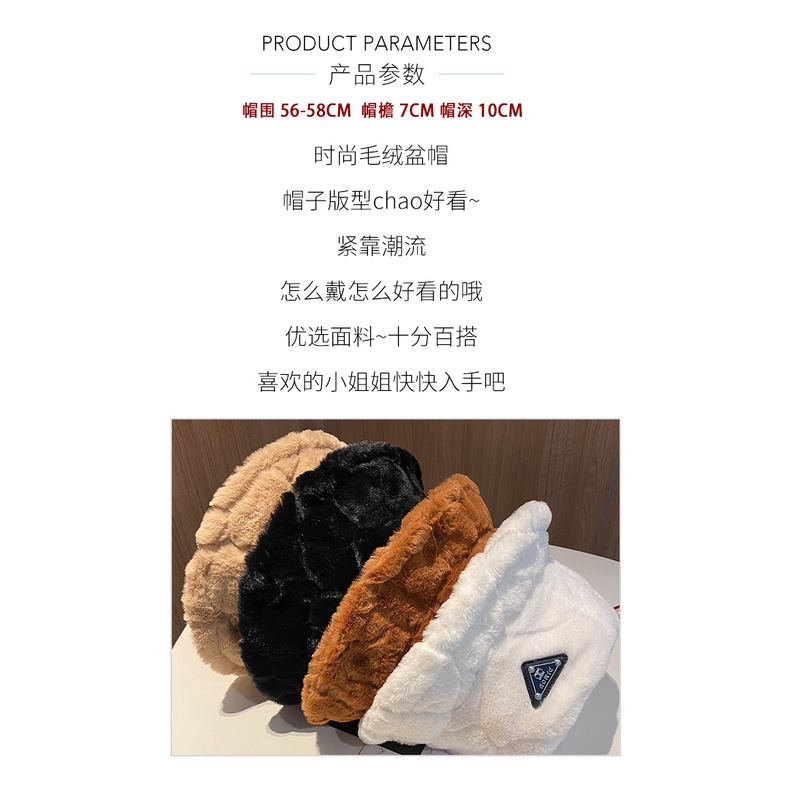 Mũ bucket phối lông ấm áp phong cách Harajuku Nhật Bản thời trang mùa đông cho nữ 2021