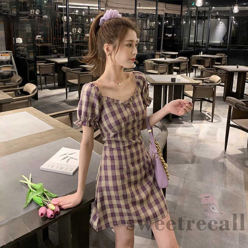 Đầm Cho Nữ Tay Ngắn Kẻ Sọc Caro Thời Trang