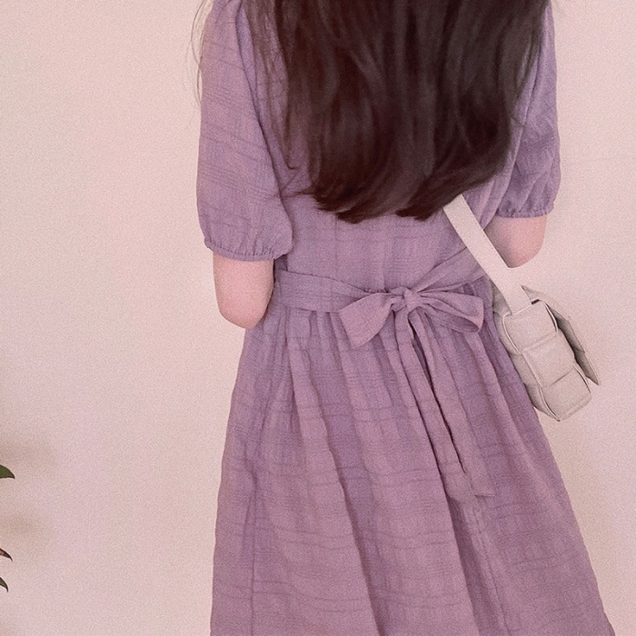 Đầm Midi Thắt Nơ Nhấn Eo Màu Tím Phong Cách Pháp Thời Trang Sang Trọng Cho Nữ