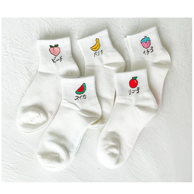 Vớ thể thao cổ cao màu trơn in họa tiết trái cây phong cách Hàn Quốc