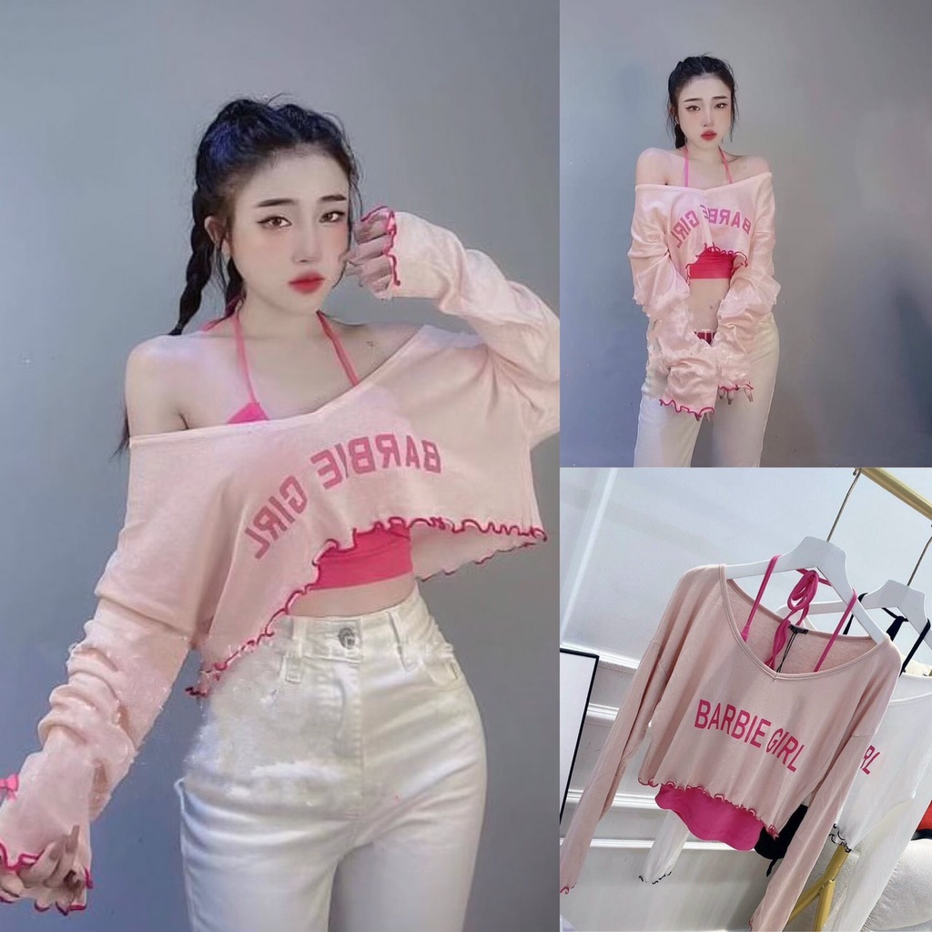 Set áo tay dài croptop cổ tim kèm áo 2 dây thêu chữ hở vai quyến rũ alohashop91