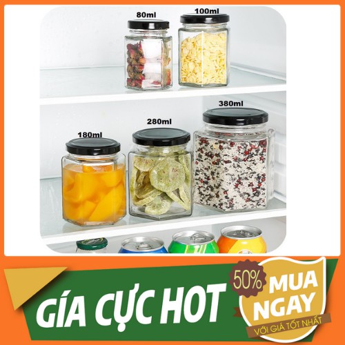 🍓 ĐỦ SIZE 🍓Hũ thủy tinh lục giác nắp thiếc đen