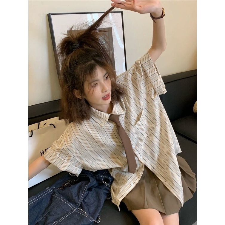 Bộ Áo Sơ Mi POLO Ngắn Tay Kẻ Sọc + Chân Váy Xếp Ly Đáng Yêu Cho Nữ