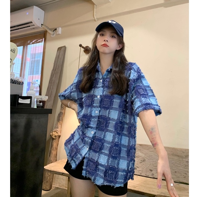 Áo Sơ Mi Tay Ngắn Họa Tiết Kẻ Ô Vuông Thời Trang Phong Cách Hàn Quốc Cho Nữ