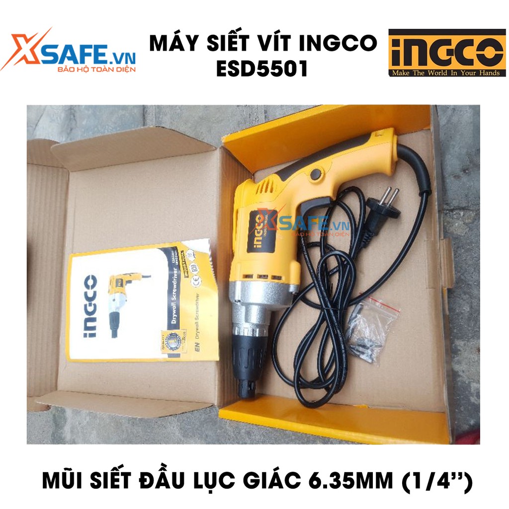 Máy bắn vít cầm tay 550W INGCO ESD5501 tốc độ 2500rpm, đầu gài lục giác 1/4&quot;, kèm 6 mũi siết vít máy vặn vít dùng điện