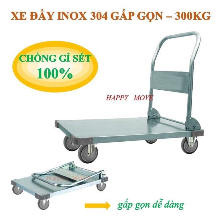 Xe đẩy inox CAO CẤP/ Xe đẩy INOX 304 gấp gọn chống gỉ 100% Happy Move 300kg