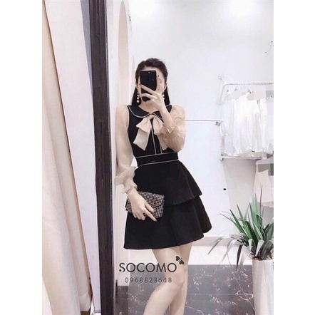 Đầm tiểu thư dáng xòe đi tiệc, đầm chữ a dáng xòe tà xếp tầng phối tay lưới siêu cá tính