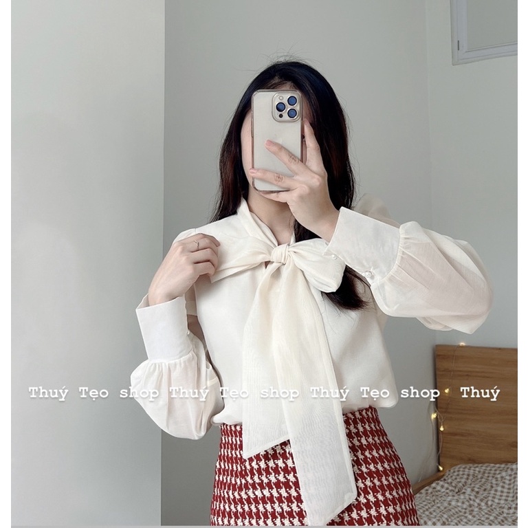 [Hàng sẵn] ÁO SƠ MI THẮT NƠ TAY BO CÚC NGỌC CHẤT TƠ XƯỚC