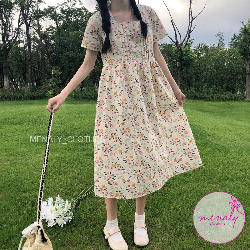 Váy babydoll hoa nhí xuông nữ dáng rộng VH022, mẫu váy kiểu dáng hàn quốc cổ vuông tay bồng, bầu bí bon chen thoải mái | BigBuy360 - bigbuy360.vn