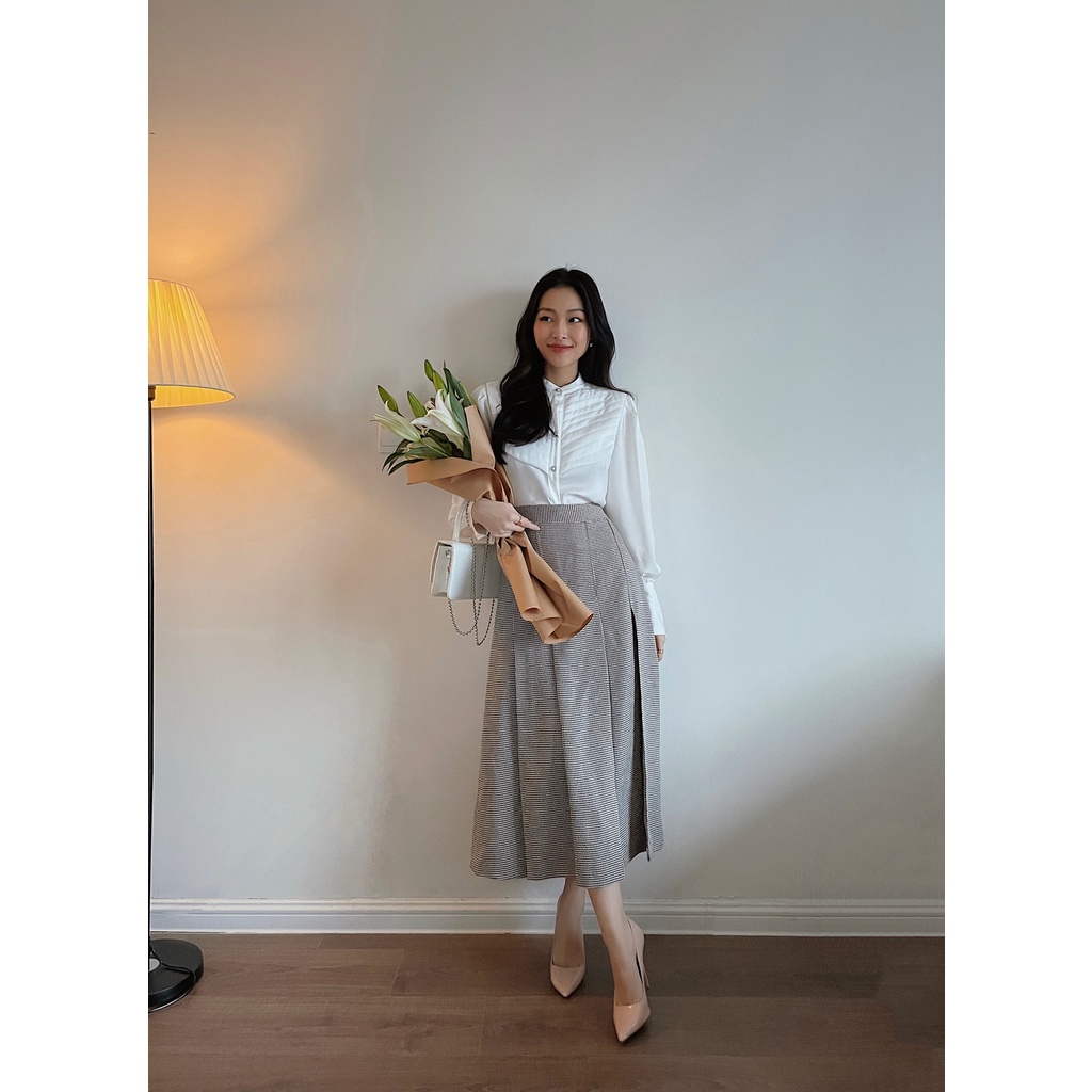 Áo sơ mi lụa satin nữ HUONG BOUTIQUE HBSM942 đáp ngực trần bông