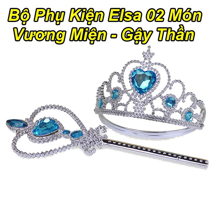 Combo Váy đầm Elsa 2020  Vương miện  Gậy thần  Váy công chúa Elsa cho bé + bộ phụ kiện Elsa 02 món