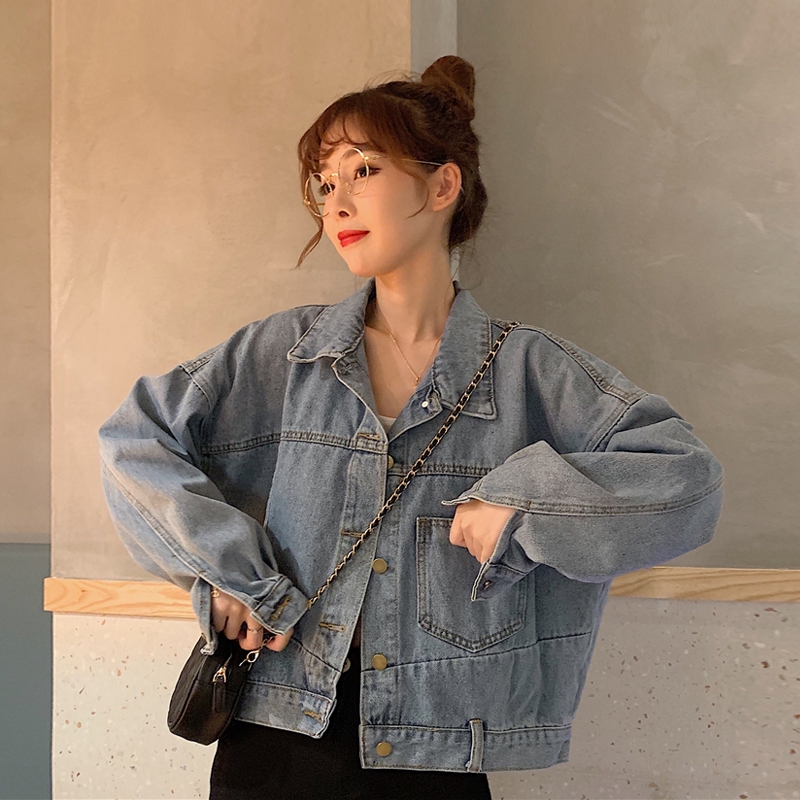 Early Korean blue short loose retro denim jacket for women