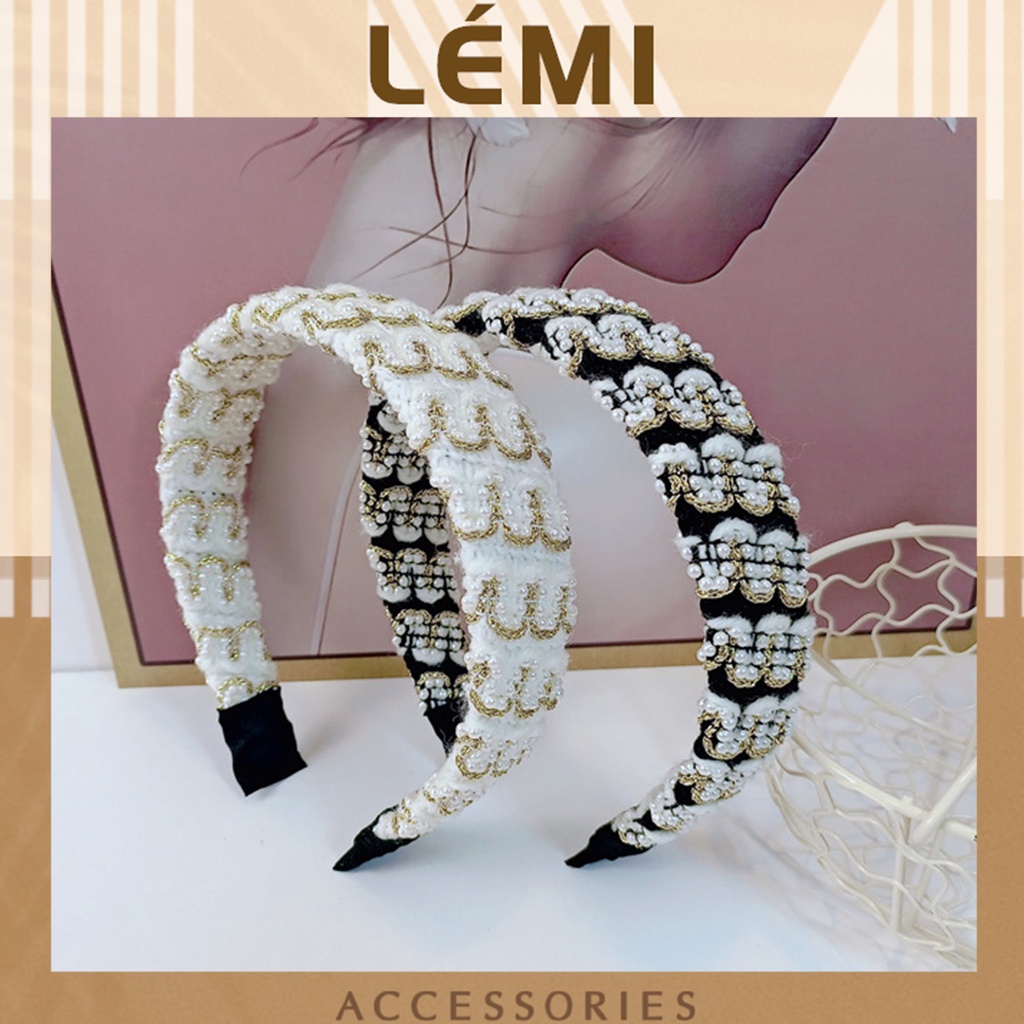 Bờm cài tóc vải dạ tweed đính hạt ngọc mix sợi kim tuyến lấp lánh thời trang Hàn Quốc sang chảnh, Lémi accessories